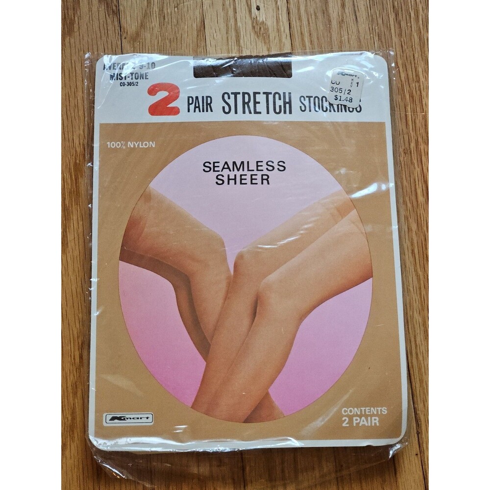 Vintage Kmart Seamless Sheer Stretch Stockings.  Average 9-10 Mist-Tone 2 pair